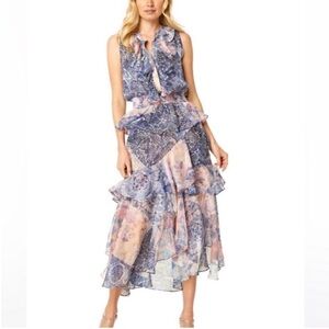 NWT MISA ILONA DRESS XS Namaskar Patchwork midi dress blue ruffle sleeveless